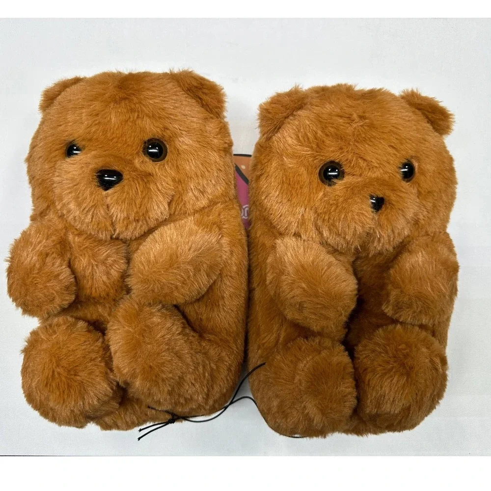 Snugimals Kids Teddy Bear Plush Slippers Brown Faux Fur Medium 7-8 SNL-105-CM